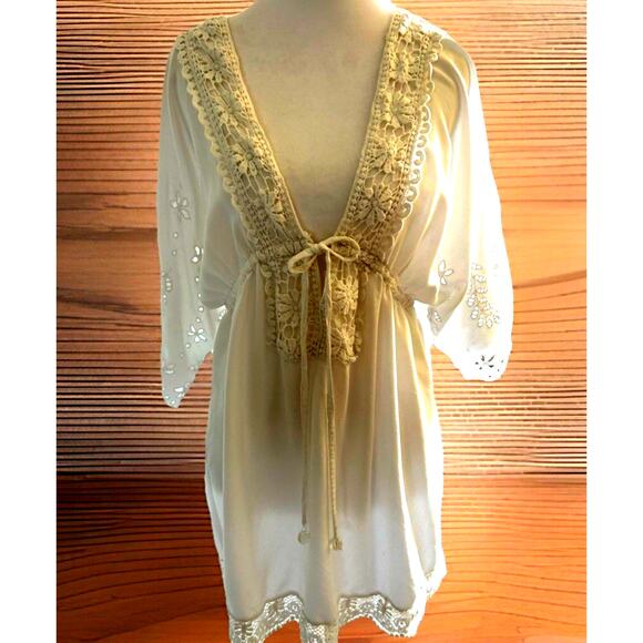 White Eyelet Coverup Mini Dress Swim Cotton Embroidered Lined Boho Beach Bride M - Picture 12 of 13